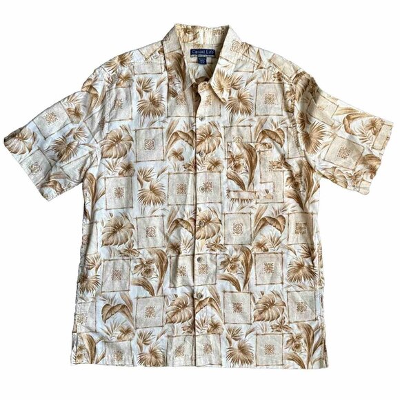 2/$18 SALE! Casual Life Button Up‎ Shirt Mens XL Hawaiian Tan Palm Trees Vintage - Picture 1 of 11